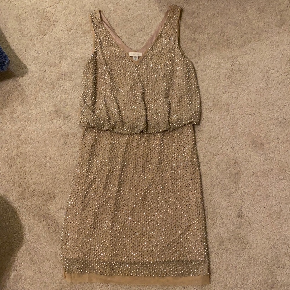 Cache Caviar Beaded Blouson Dress Nude